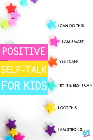 Beads next to words saying I can do this, I am smart, Yes I can, Try the best I can, I got this, and I am strong. Text reads "positive self talk for kids"