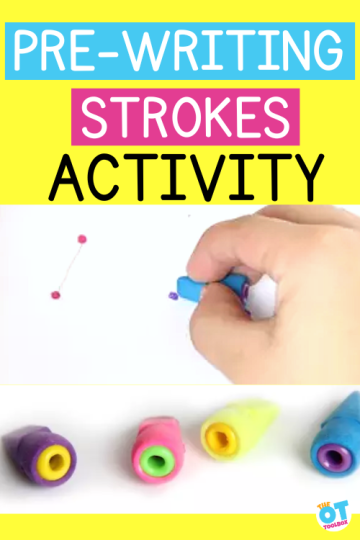 Child's hand holding a pencil top eraser with beads inside. Text reads pre-writing strokes activity