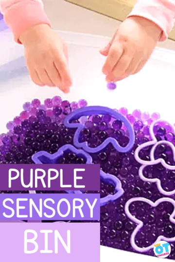 Purple water beads in a container with cookie cutters and hands reaching into the bin. Text reads purple sensory bin