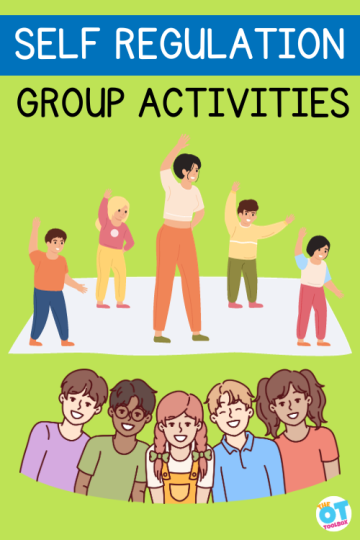 teacher leading group of children in a reaching exercise. Text reads "self regulation group activities"