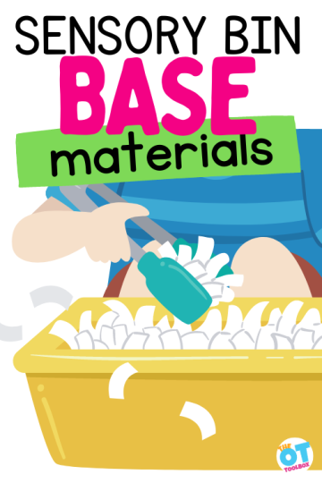 Child playing in sensory bin with tongs to pick up shredded paper. Text reads "sensory bin base materials"