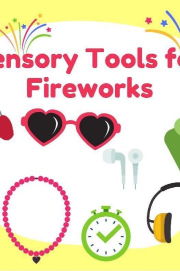 ear muffs, sunglasses, blanket, ear buds, necklace, ipad, text reads sensory solutions for fireworks