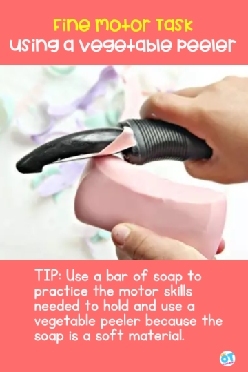 Picture of a child using a vegetable peeler to shave soap into soap shavings as a fine motor task.