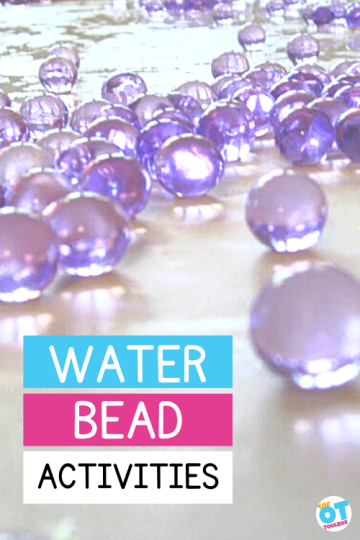Purple water beads on a table. Text reads water bead activities