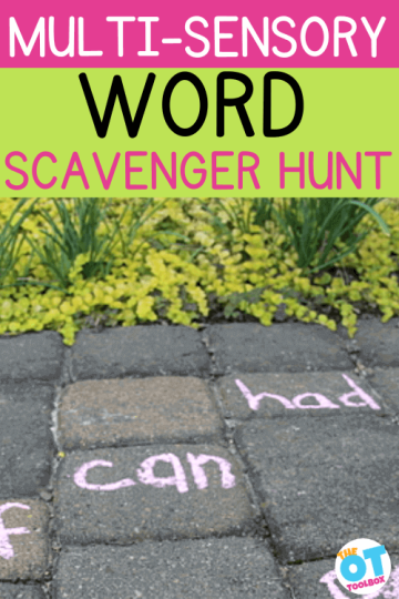Sight words written in chalk on bricks of a sidewalk. Text reads Multisensory word scavenger hunt