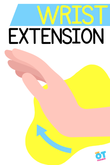 Wrist bending up with an arrow showing the direction the wrist is bending back. Text reads "wrist extension"