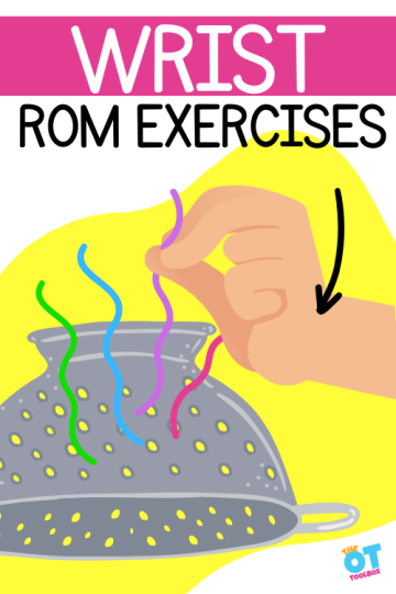 hand placing pipe cleaners into the holes of a colander. Text reads "wrist range of motion exercises"