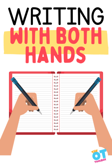 Left and right hand holding a pencil and writing on both sides of a notebook. Text reads "writing with both hands"